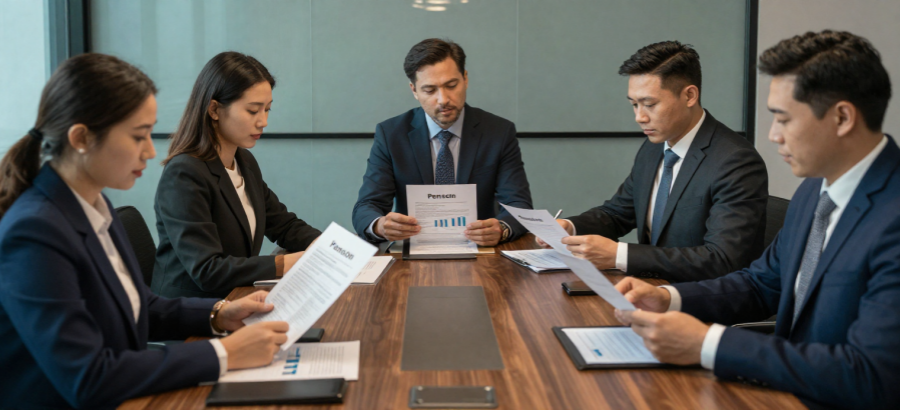 group of employees looking at papers